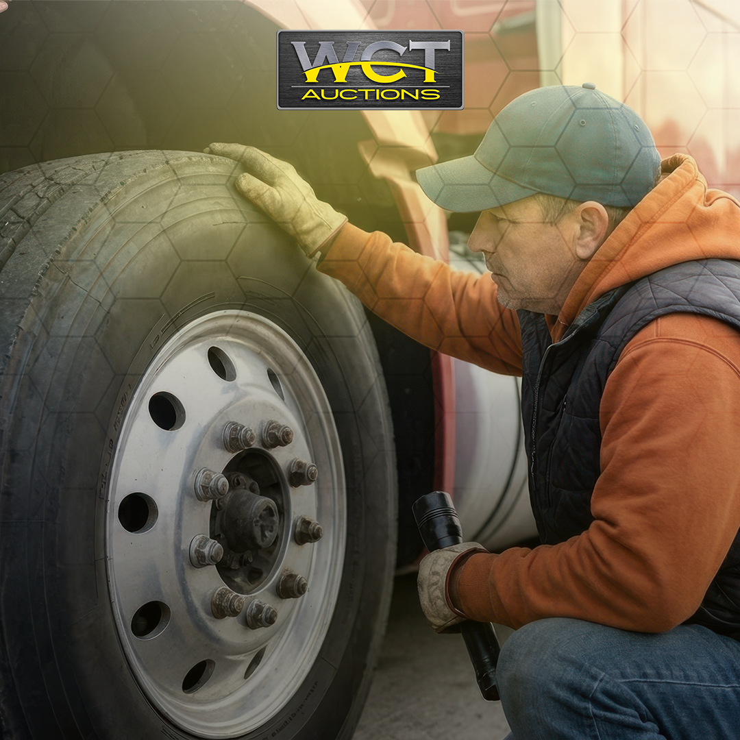 Business buyer inspecting the tyre condition of a used commercial truck