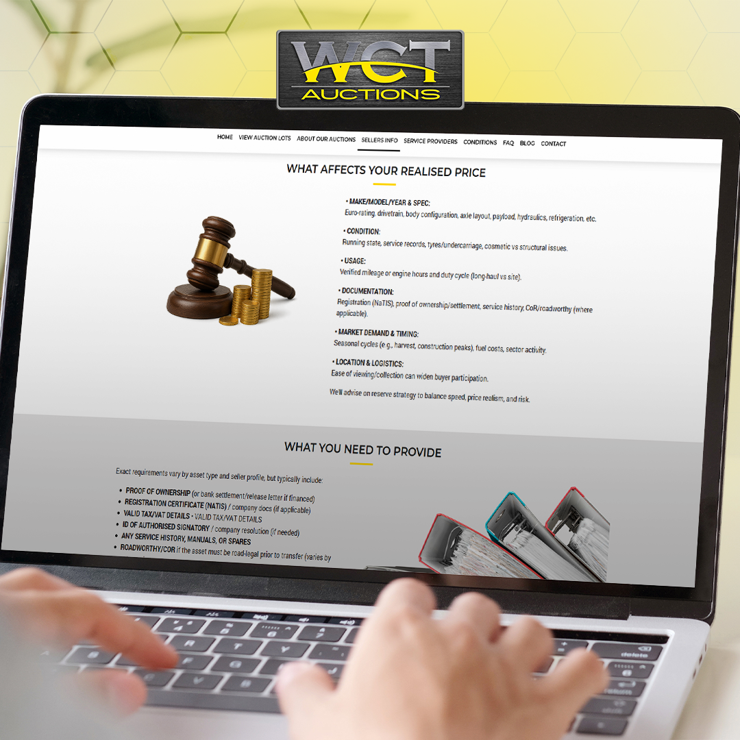 Hands using a laptop showing WCT Auctions realised price and documentation page.