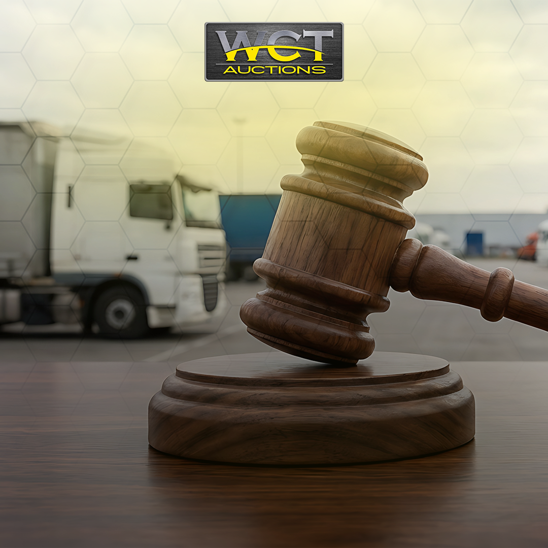 Auction gavel with a commercial truck representing the sale of ageing fleet vehicles through WCT Auctions